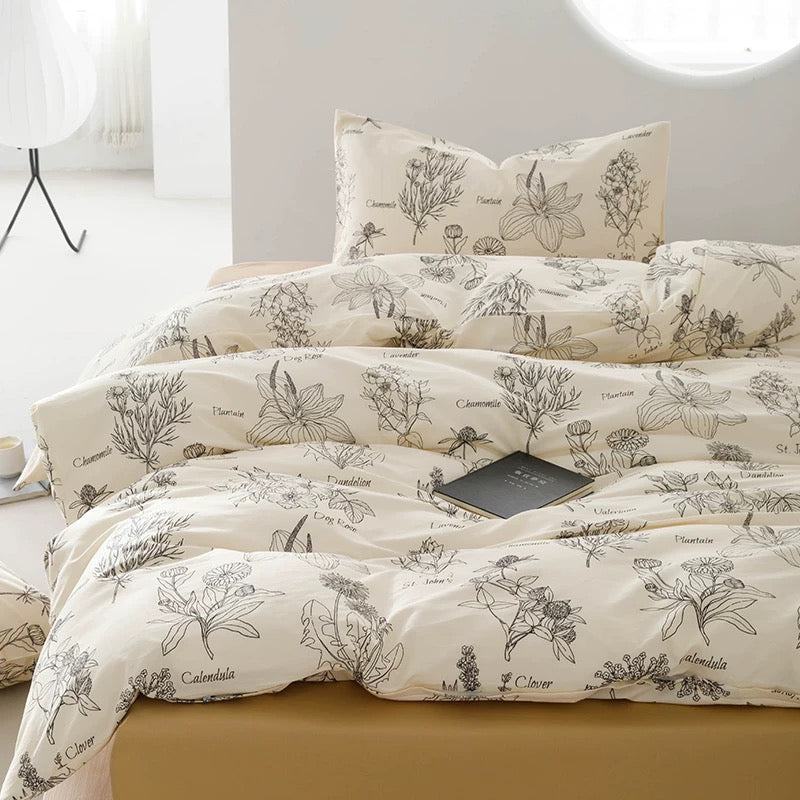 French Line-Drawn Botanical Cotton Bedding Set (4-Piece)