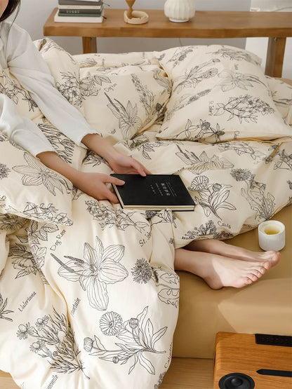 French Line-Drawn Botanical Cotton Bedding Set (4-Piece)