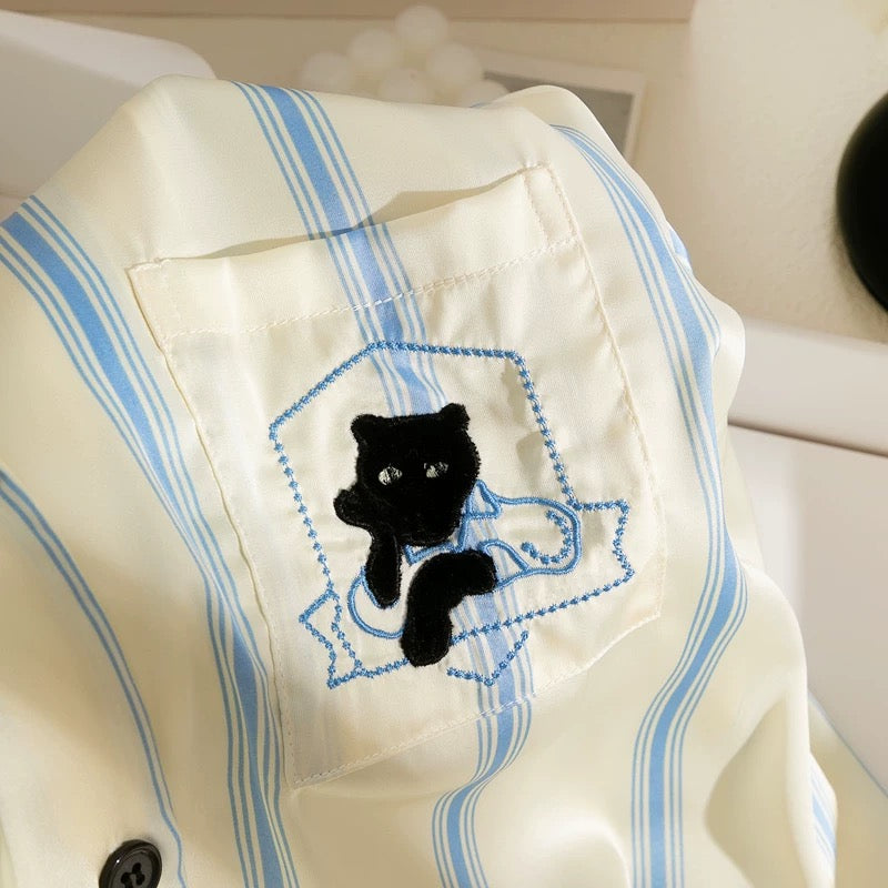 Blue and White Striped Silk Couple's Pajama Set with Cat Embroidery