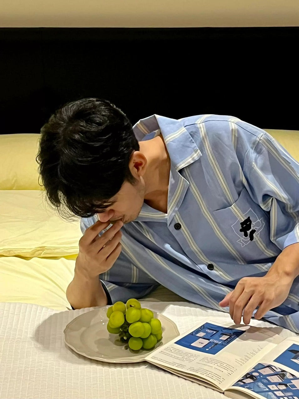 Blue and White Striped Silk Couple's Pajama Set with Cat Embroidery