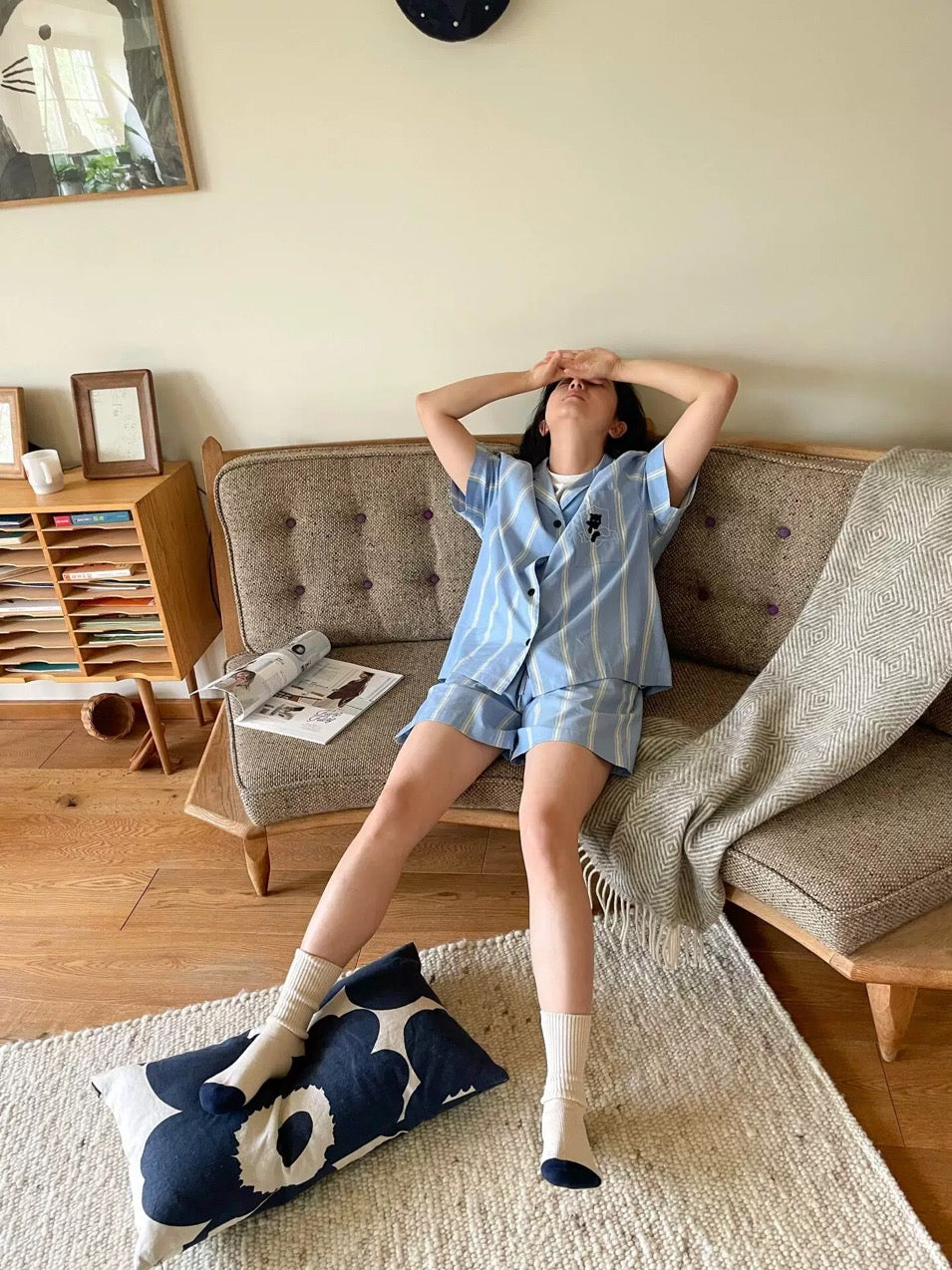 Blue and White Striped Silk Couple's Pajama Set with Cat Embroidery