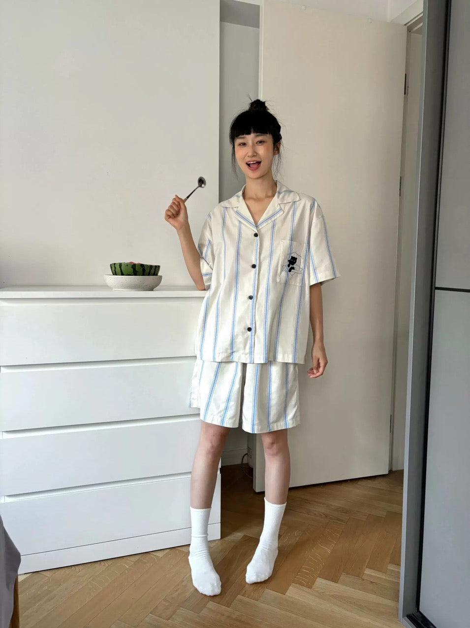 Blue and White Striped Silk Couple's Pajama Set with Cat Embroidery