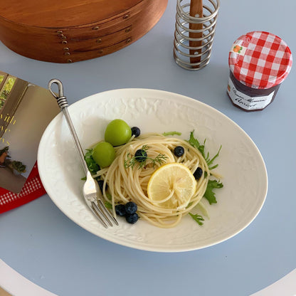Elegant White Embossed Oval Ceramic Plate
