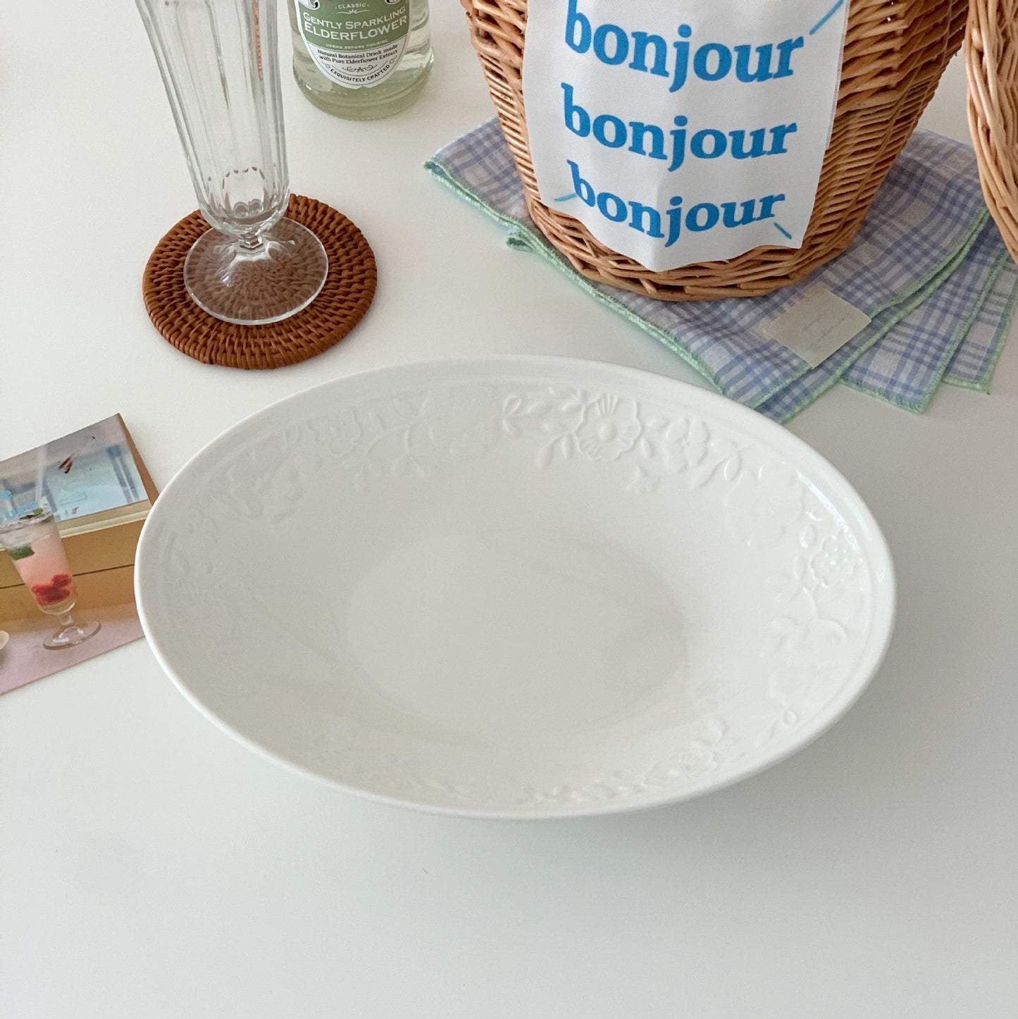 Elegant White Embossed Oval Ceramic Plate