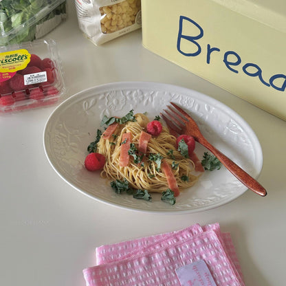 Elegant White Embossed Oval Ceramic Plate