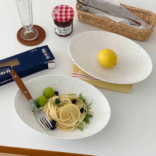 Elegant White Embossed Oval Ceramic Plate