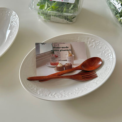 Elegant White Embossed Oval Ceramic Plate