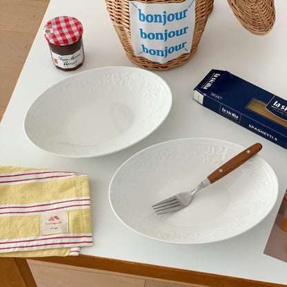 Elegant White Embossed Oval Ceramic Plate