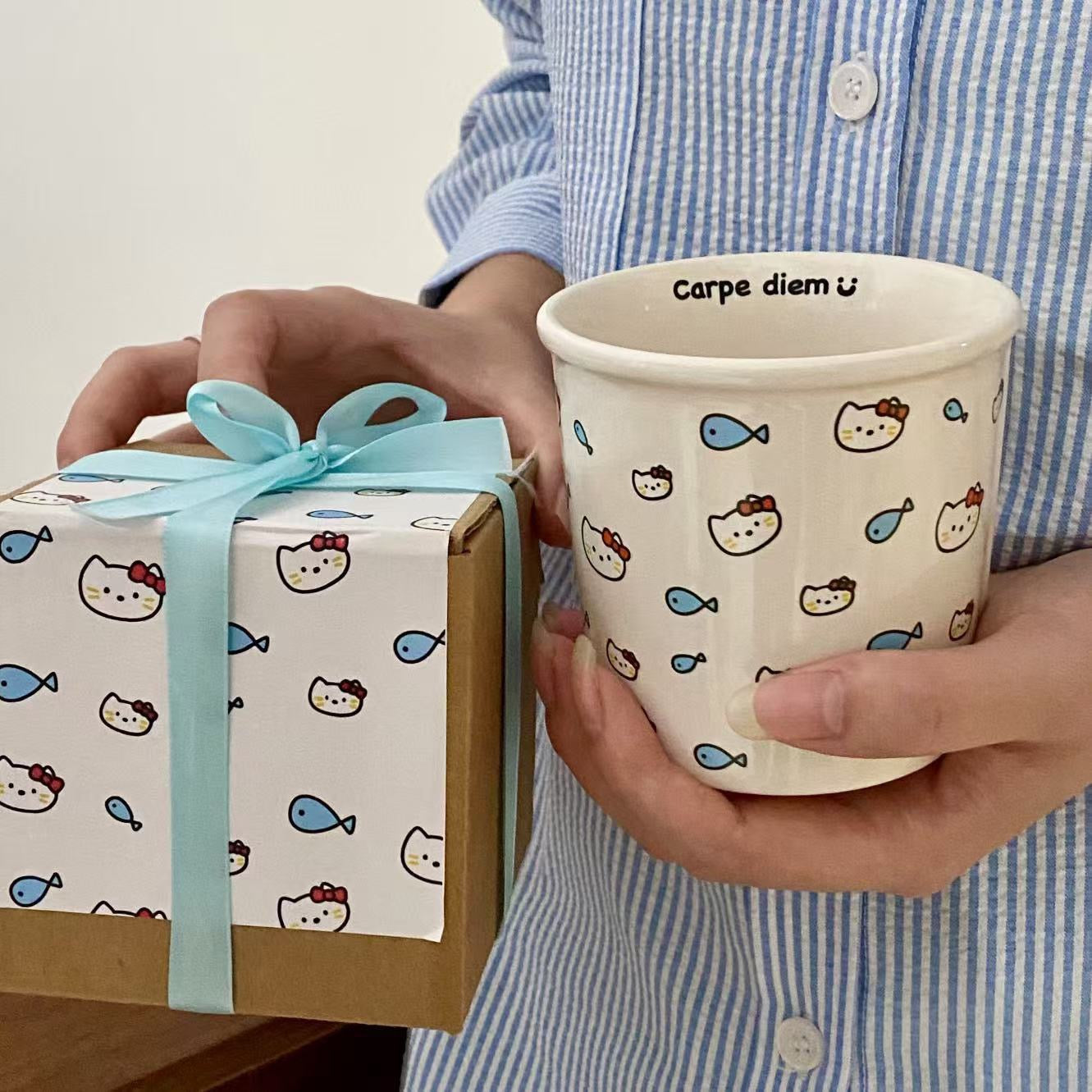 Mug en céramique chat et poisson (avec boîte cadeau)