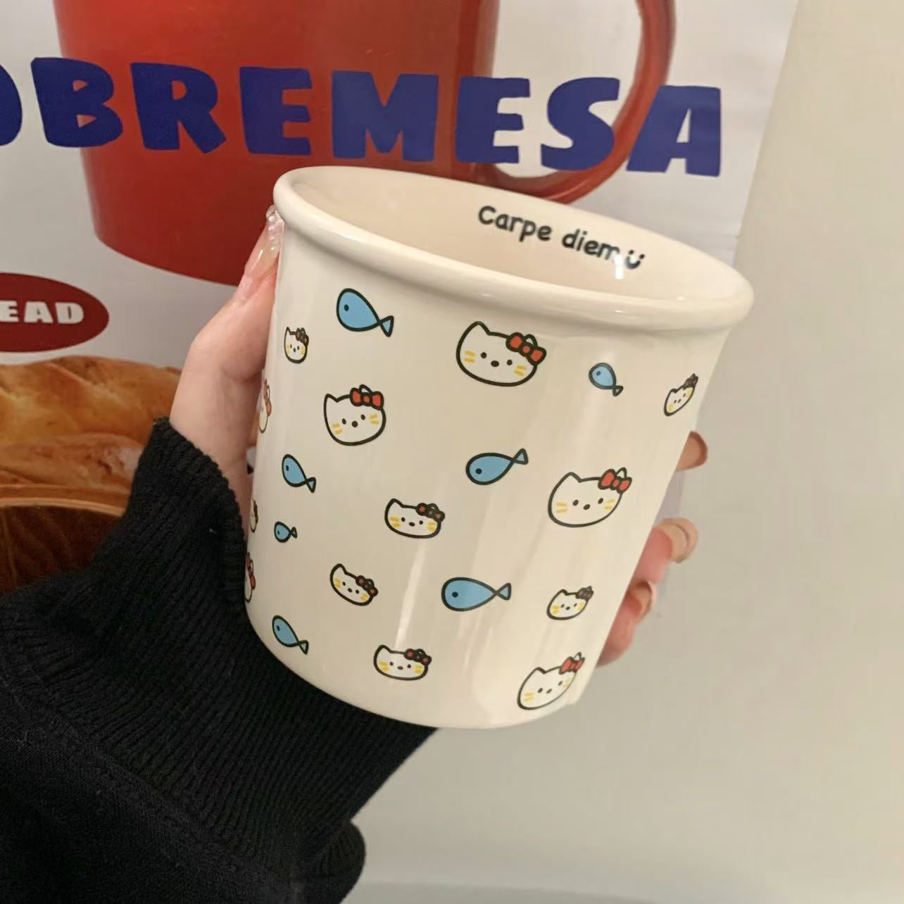 Mug en céramique chat et poisson (avec boîte cadeau)