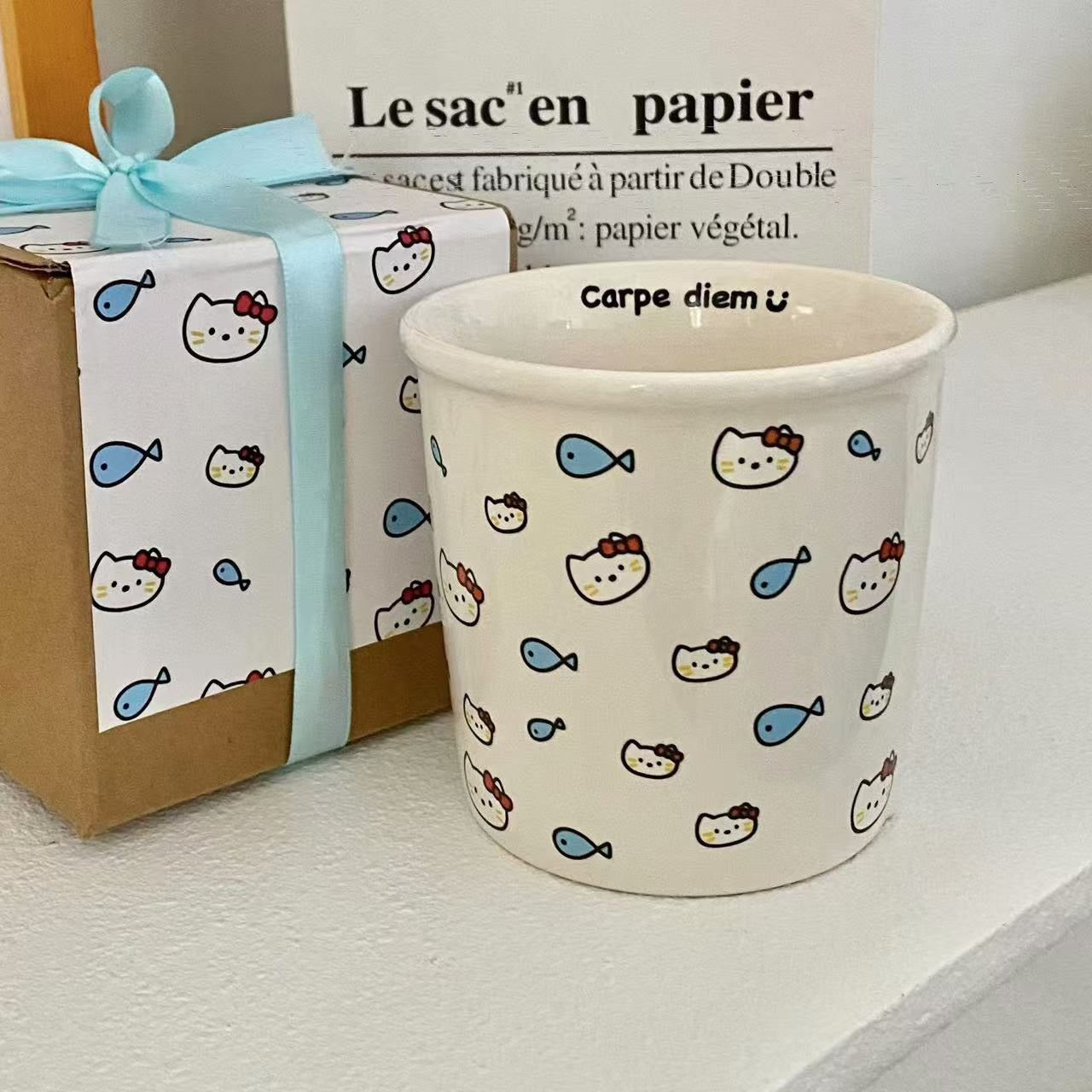Mug en céramique chat et poisson (avec boîte cadeau)
