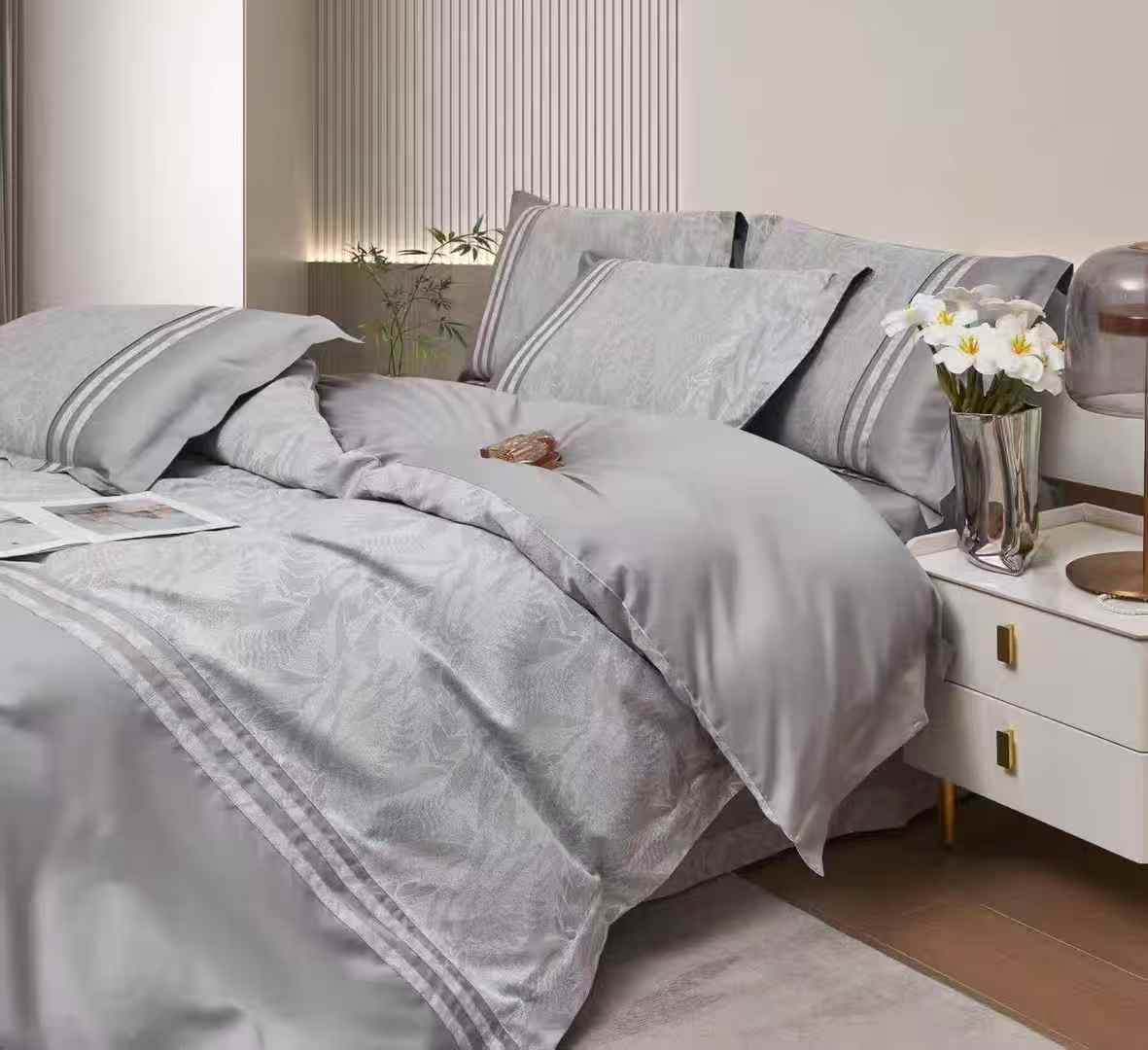 California Grey 100% Egyptian Cotton 100s Jacquard 4-Piece Bedding Set